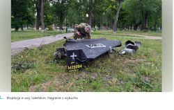 Żołnierz ogląda szczątki czarnego drona leżącego na trawie w parku