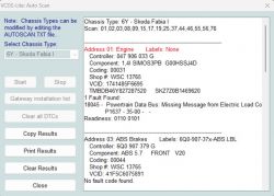 Zrzut ekranu z programu VCDS-Lite Auto Scan pokazujący wyniki skanowania dla Skody Fabii I.