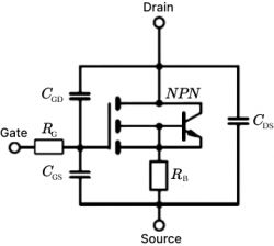 MOS Circuit Diagram with Parasitic Capacitances MOS circuit diagram showing parasitic capacitances and an NPN transistor.