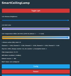 SmartCeilingLamp control panel with sliders and system status information visible
