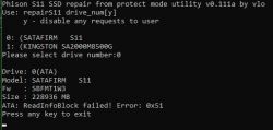 Screenshot of the Phison S11 SSD repair tool with an ATA error message.