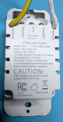 Back of Smart 3-Way Light Switch SW6 Back view of a smart 3-way light switch with labeled wire connections and technical information.