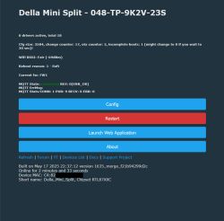 Control panel of the Della Mini Split device with configuration, restart buttons, and device status information.