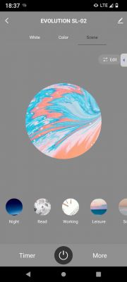 Tuya app with Scene tab open, showing colorful patterns and lighting modes.