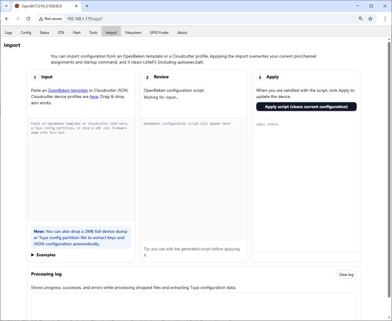 OpenBeken import page with three sections: Input, Review, and Apply