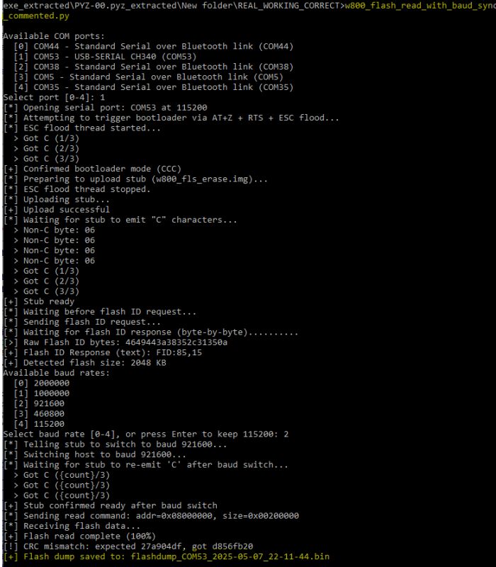 Terminal displaying the process of reading flash memory from a device via serial port.