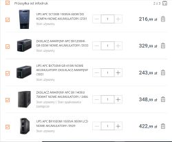 Lista używanych zasilaczy UPS APC z cenami w złotówkach widoczna na ekranie