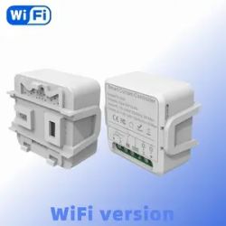 WiFi curtain switch controller in white housing, shown from two angles