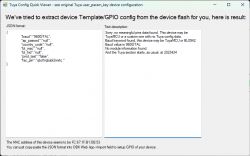 Screenshot of Tuya Config Quick Viewer showing attempts to extract device GPIO configuration.