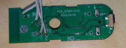 Backside of PCB 576P1-V1.0 View of the backside of PCB 576P1-V1.0 with wires attached.