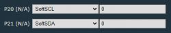 SoftSCL and SoftSDA Settings on Ports P20 and P21 Screenshot of SoftSCL and SoftSDA settings on ports P20 and P21.