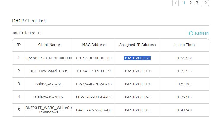 DHCP-Client-Liste DHCP-Client-Liste mit verschiedenen Geräten, IPs und Leasingzeiten.