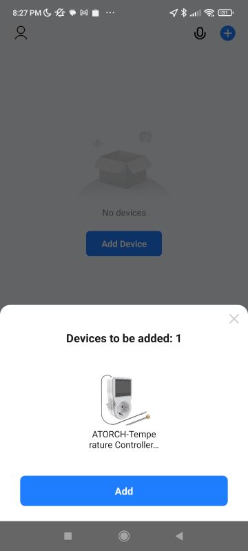 Adding ATORCH Device in App App screen with ATORCH Temperature Controller being added.