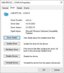Properties window of USB-EPP/I2C CH341A device on Windows.