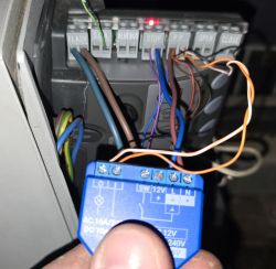 Moduł Shelly 1 Plus podłączony do centralki Nice Robus 600 z oznaczeniami portów.
