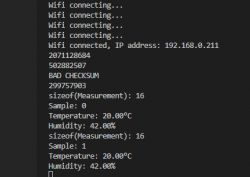 Console with WiFi and DHT11 Readings in Arduino Arduino console showing WiFi connection status and DHT11 data