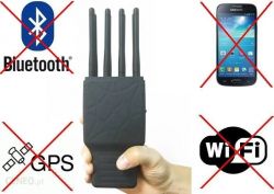 Osoba trzyma zagłuszacz sygnałów z czterema antenami obok symboli Bluetooth, GPS, telefonu i WiFi, które są przekreślone.