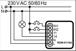 Schemat połączeń elektrycznych dla urządzenia ROW-01/16A z wejściami IN1, IN2 oraz złącza L i N.