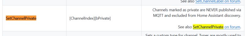 Documentation table showing SetChannelPrivate command and its description