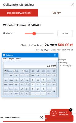 Zrzut kalkulatora rat: zakupy 10 840,41 zł, 24 raty po 560,09 zł; okno Kalkulatora z wynikiem 13440