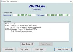 Raport VCDS-Lite z kodami błędów dla zaworu EGR N18