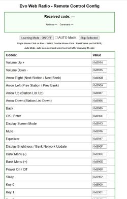 Screenshot of Evo Web Radio remote control configuration with learning mode and a codes/value table