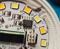 Close-up of BP5758 chip and LEDs on a PCB module