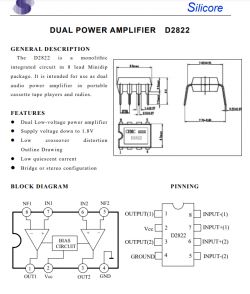 D2822 Amplifier Datasheet – Description and Block Diagram Fragment of the D2822 audio amplifier datasheet with block diagram, pinout, and package dimensions.