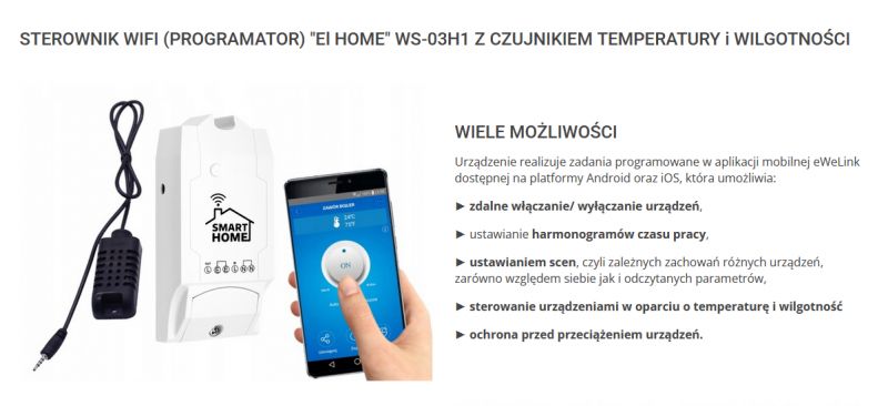 EI Home WS-03H1 WiFi Controller with Sensor EI Home WS-03H1 WiFi controller with temperature and humidity sensor and app features.