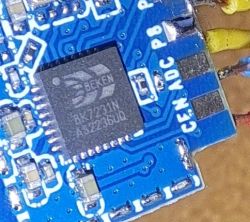 Close-up of an electronic module featuring a Beken BK7231N chip.