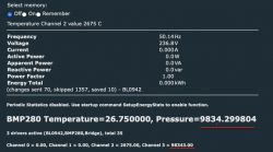 Screenshot of a BME280 sensor reading panel showing data on temperature, pressure, and energy.