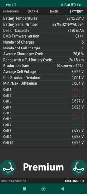 Xiaomi Mi Scooter 3 - różnice napięć ogniw według aplikacji pomiarowej