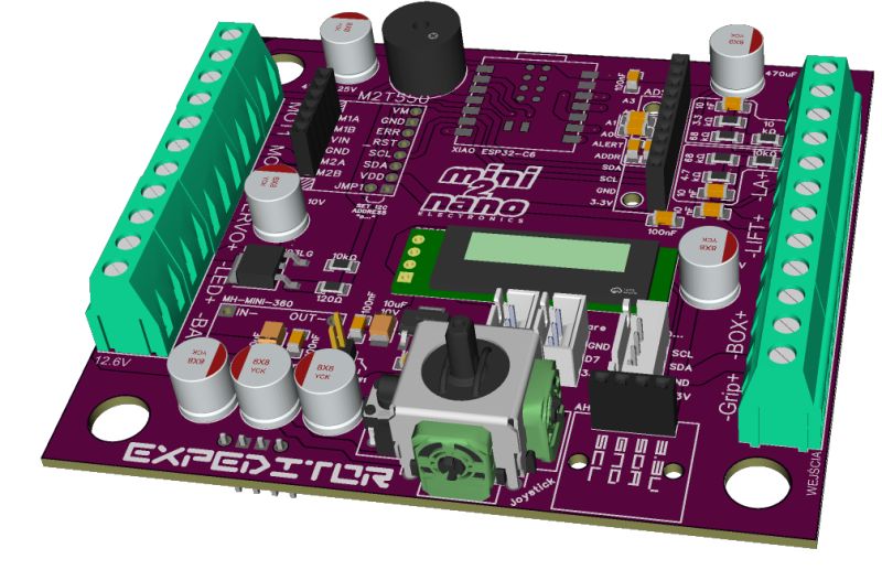 3D render of a purple PCB with screw terminals, joystick module, and connectors for XIAO ESP32-C6