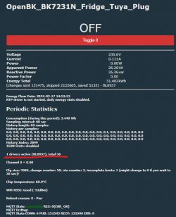 Dashboard of the OpenBK_BK7231N_Fridge_Tuya_Plug displaying parameter summary.