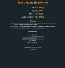 Wyniki testu Heaven Benchmark 4.0 pokazujące FPS i parametry systemowe.