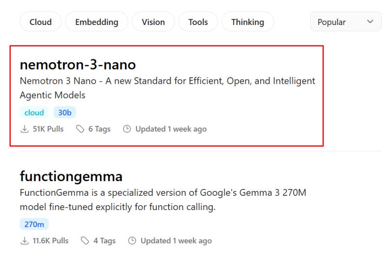 Nemotron 3 Nano model card with description and download count on online platform