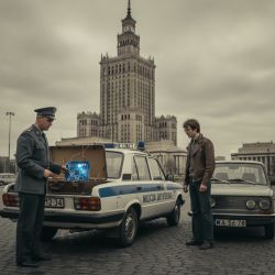 Policeman shows an electronic board from trunk of vintage police car near Palace of Culture