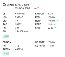 Zrzut ekranu z parametrami sygnału 4G LTE 2600 i 5G NSA 3600 dla sieci Orange