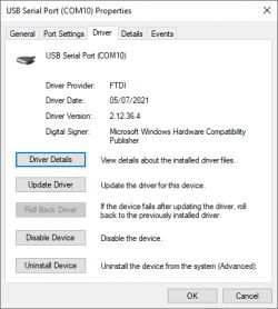 USB Serial Port (COM10) properties with FTDI driver information.