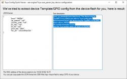 Screenshot from the Tuya Config Quick Viewer application showing device configuration in JSON format and a text description.