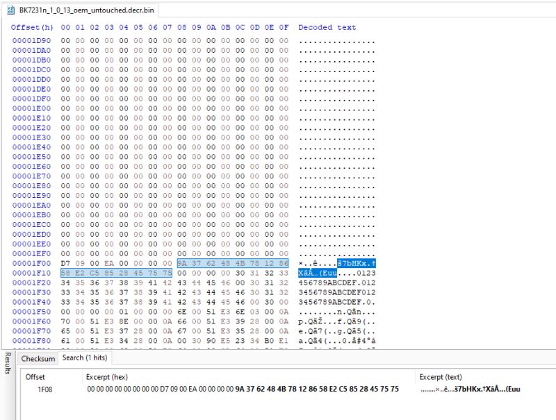 Screenshot of a hex editor with highlighted little-endian Uascent key
