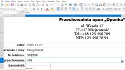 Formularz arkusza kalkulacyjnego do rejestrowania klientów w przechowalni opon