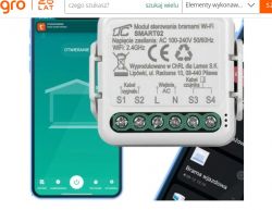 Moduł sterowania bramami Wi-Fi z opisem technicznym i smartfon z aplikacją.