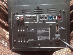 Rear panel of a soundbar system with various input and output ports, including HDMI, optical, AUX, USB, and speaker connectors.
