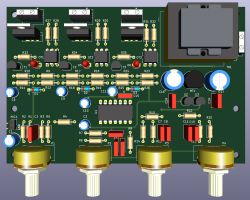 Render płytki PCB z elementami elektronicznymi, potencjometrami i transformatorem