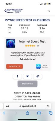 Zrzut ekranu z wynikiem testu prędkości Internetu pokazujący ping, pobieranie i wysyłanie.