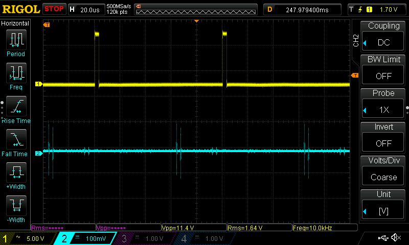 Oscilloscope screenshot with two channels: one pulsed signal and one with noise