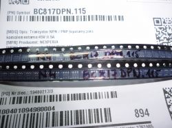 Two strips with transistors marked BC817DPN.115, lying on a label with a barcode and description.