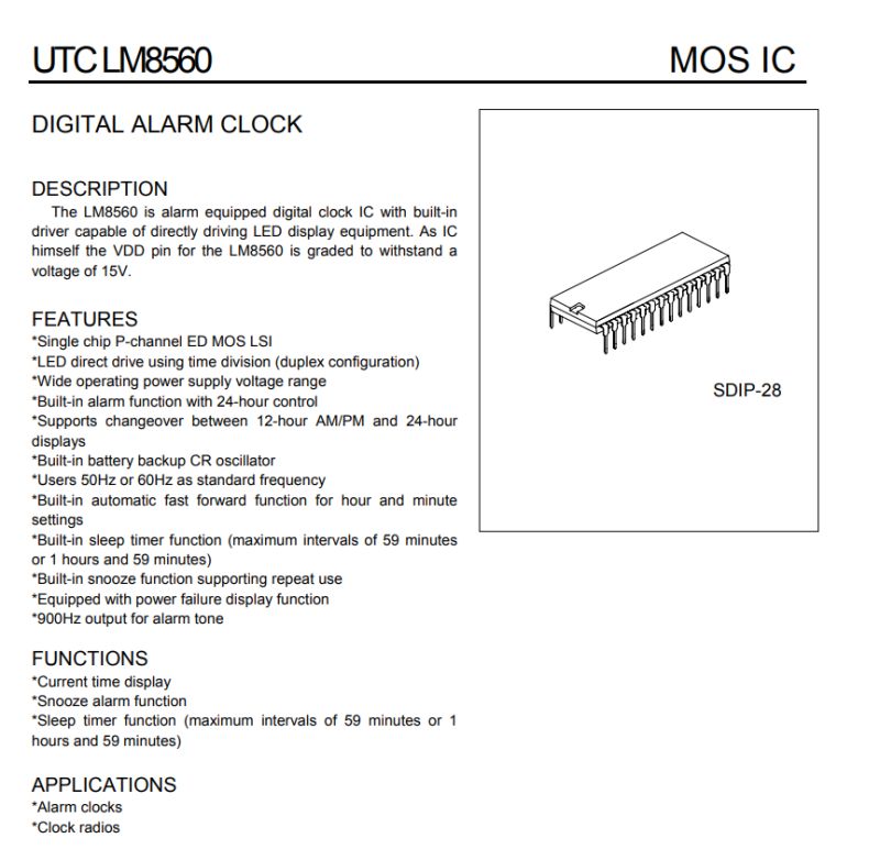 Datasheet page for UTC LM8560 with feature lists and an SDIP-28 package drawing