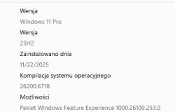 Zrzut ekranu z informacjami o wersji systemu Windows 11 Pro 25H2 i kompilacji 26200.6718